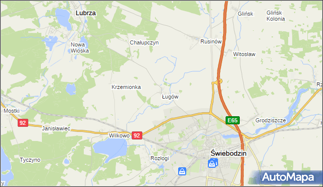 mapa Ługów gmina Świebodzin, Ługów gmina Świebodzin na mapie Targeo