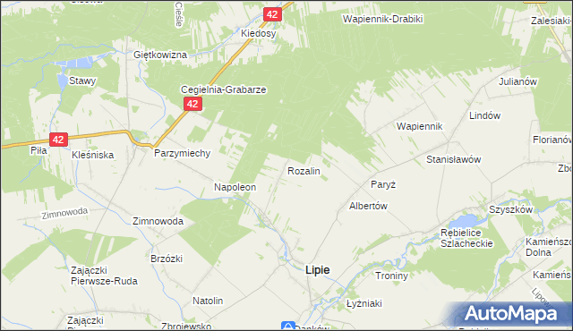 mapa Rozalin gmina Lipie, Rozalin gmina Lipie na mapie Targeo