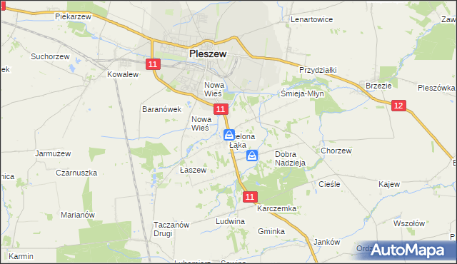mapa Zielona Łąka gmina Pleszew, Zielona Łąka gmina Pleszew na mapie Targeo