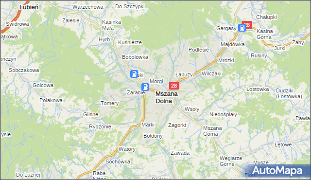 mapa Mszana Dolna, Mszana Dolna na mapie Targeo