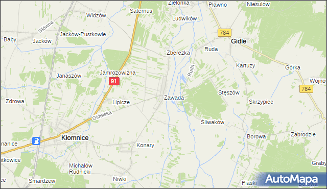 mapa Zawada gmina Kłomnice, Zawada gmina Kłomnice na mapie Targeo