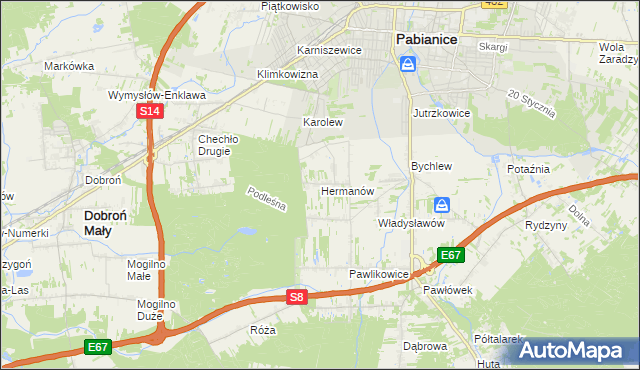 mapa Hermanów gmina Pabianice, Hermanów gmina Pabianice na mapie Targeo