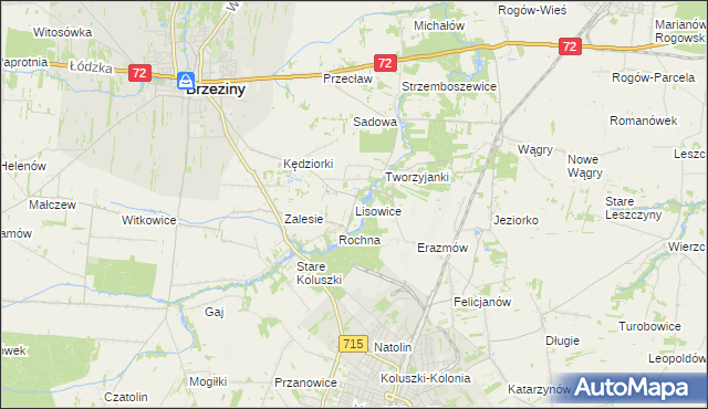 mapa Lisowice gmina Koluszki, Lisowice gmina Koluszki na mapie Targeo