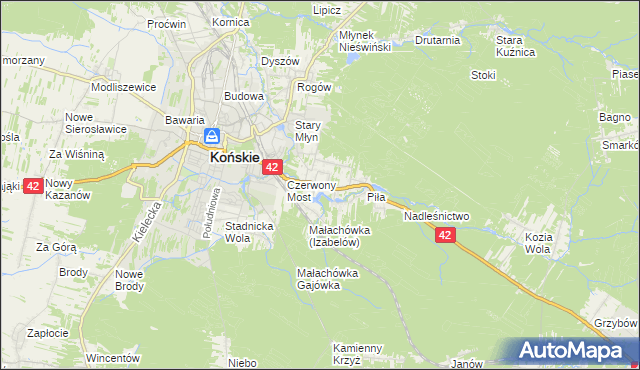 mapa Pomyków gmina Końskie, Pomyków gmina Końskie na mapie Targeo