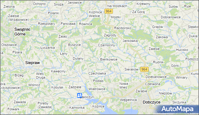 mapa Bieńkowice gmina Dobczyce, Bieńkowice gmina Dobczyce na mapie Targeo