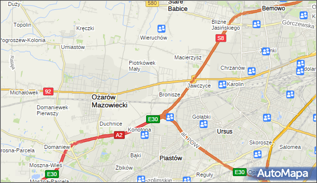 mapa Bronisze gmina Ożarów Mazowiecki, Bronisze gmina Ożarów Mazowiecki na mapie Targeo