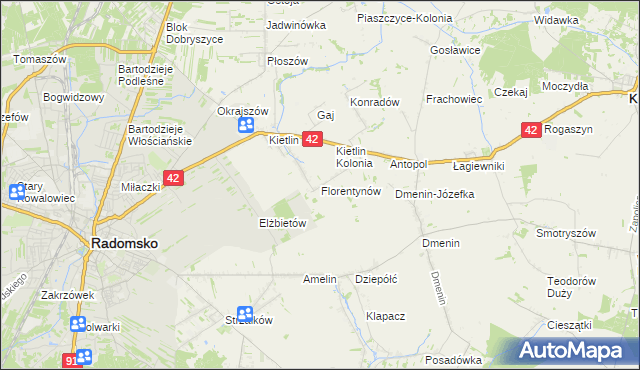 mapa Florentynów gmina Kodrąb, Florentynów gmina Kodrąb na mapie Targeo