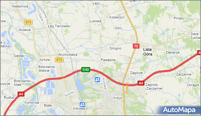 mapa Pawęzów gmina Lisia Góra, Pawęzów gmina Lisia Góra na mapie Targeo