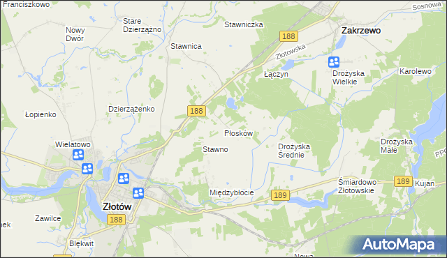 mapa Płosków gmina Złotów, Płosków gmina Złotów na mapie Targeo