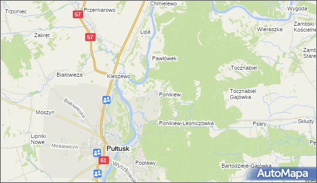 mapa Ponikiew gmina Pułtusk, Ponikiew gmina Pułtusk na mapie Targeo