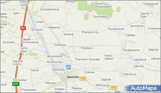 mapa Prandocin gmina Słomniki, Prandocin gmina Słomniki na mapie Targeo