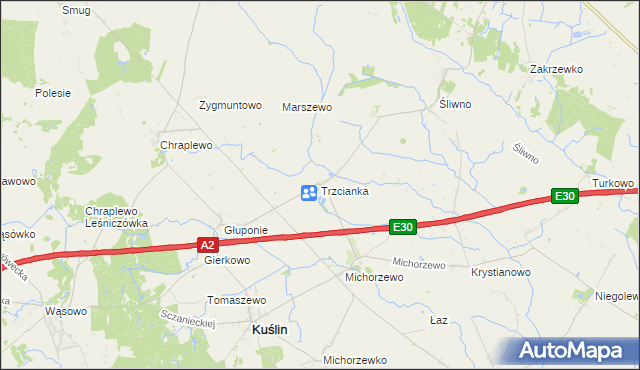 mapa Trzcianka gmina Kuślin, Trzcianka gmina Kuślin na mapie Targeo