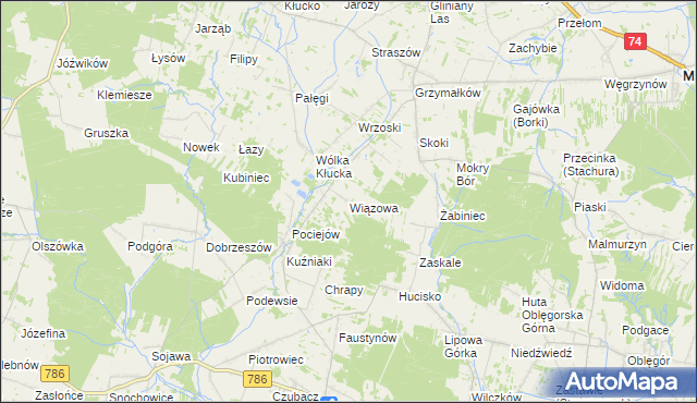 mapa Wiązowa gmina Mniów, Wiązowa gmina Mniów na mapie Targeo