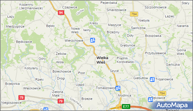 mapa Wielka Wieś powiat krakowski, Wielka Wieś powiat krakowski na mapie Targeo