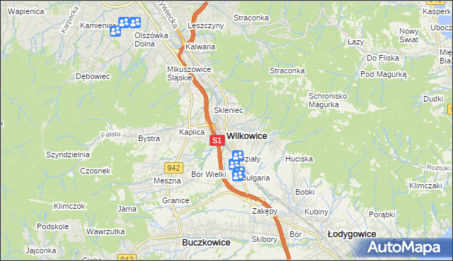 mapa Wilkowice powiat bielski, Wilkowice powiat bielski na mapie Targeo