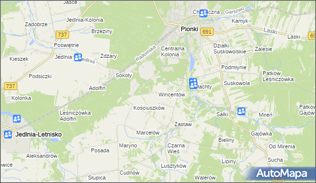 mapa Wincentów gmina Pionki, Wincentów gmina Pionki na mapie Targeo