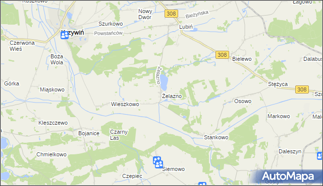 mapa Żelazno gmina Krzywiń, Żelazno gmina Krzywiń na mapie Targeo
