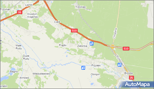 mapa Zielonka gmina Białe Błota, Zielonka gmina Białe Błota na mapie Targeo