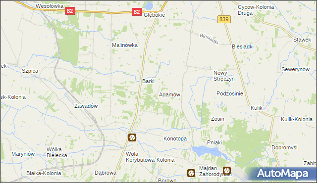 mapa Adamów gmina Cyców, Adamów gmina Cyców na mapie Targeo