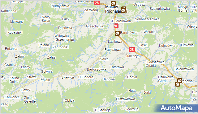 mapa Białka gmina Maków Podhalański, Białka gmina Maków Podhalański na mapie Targeo