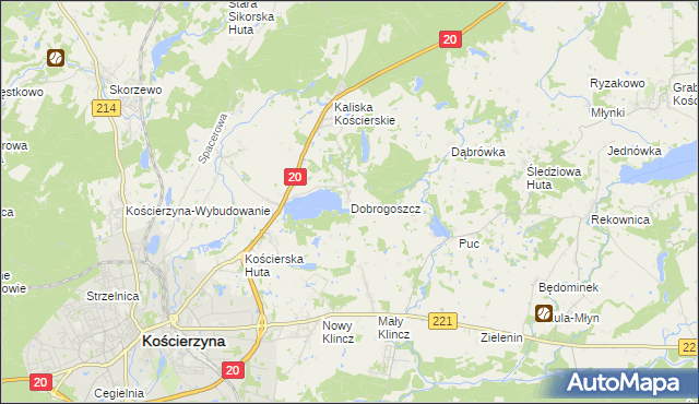 mapa Dobrogoszcz gmina Kościerzyna, Dobrogoszcz gmina Kościerzyna na mapie Targeo