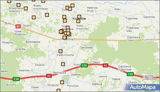 mapa Genowefa gmina Krzymów, Genowefa gmina Krzymów na mapie Targeo