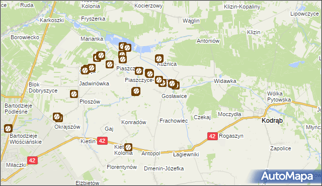 mapa Gosławice gmina Kodrąb, Gosławice gmina Kodrąb na mapie Targeo