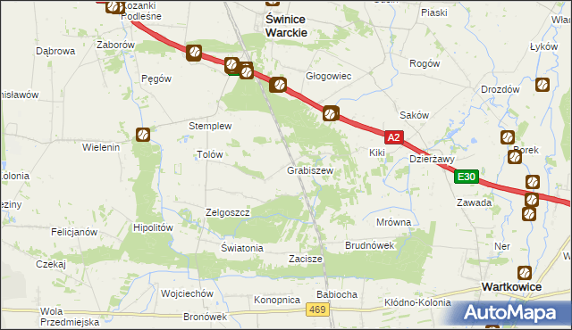 mapa Grabiszew gmina Wartkowice, Grabiszew gmina Wartkowice na mapie Targeo