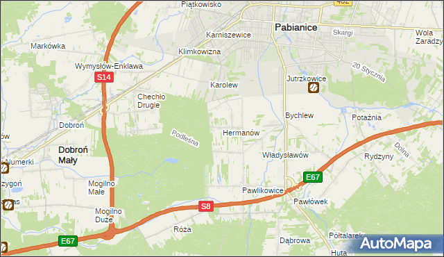 mapa Hermanów gmina Pabianice, Hermanów gmina Pabianice na mapie Targeo