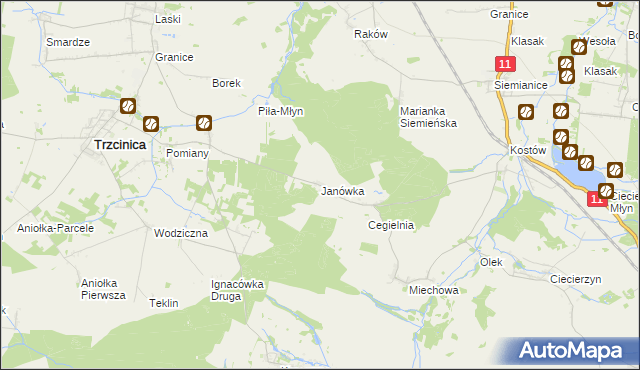 mapa Janówka gmina Byczyna, Janówka gmina Byczyna na mapie Targeo