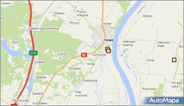 mapa Kończyce gmina Nowe, Kończyce gmina Nowe na mapie Targeo