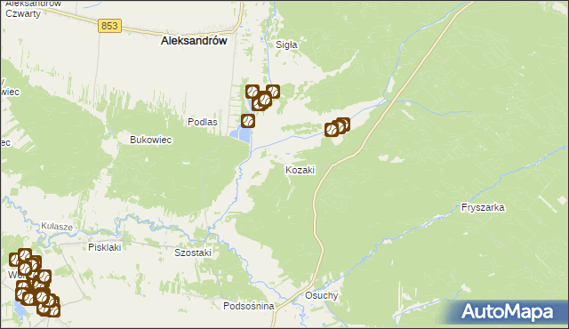 mapa Kozaki gmina Łukowa, Kozaki gmina Łukowa na mapie Targeo