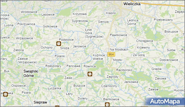 mapa Koźmice Wielkie, Koźmice Wielkie na mapie Targeo