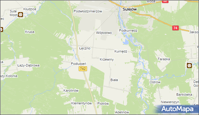 mapa Krzewiny gmina Sulejów, Krzewiny gmina Sulejów na mapie Targeo