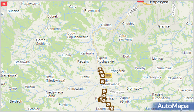 mapa Łączki Kucharskie, Łączki Kucharskie na mapie Targeo