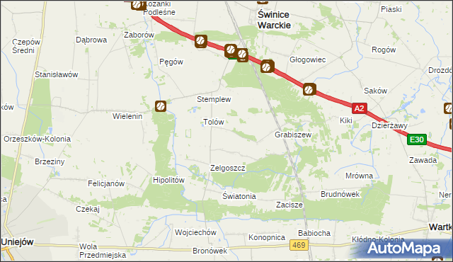 mapa Ładawy gmina Świnice Warckie, Ładawy gmina Świnice Warckie na mapie Targeo