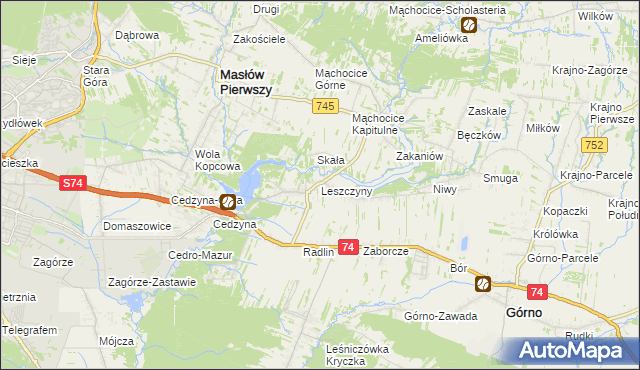 mapa Leszczyny gmina Górno, Leszczyny gmina Górno na mapie Targeo