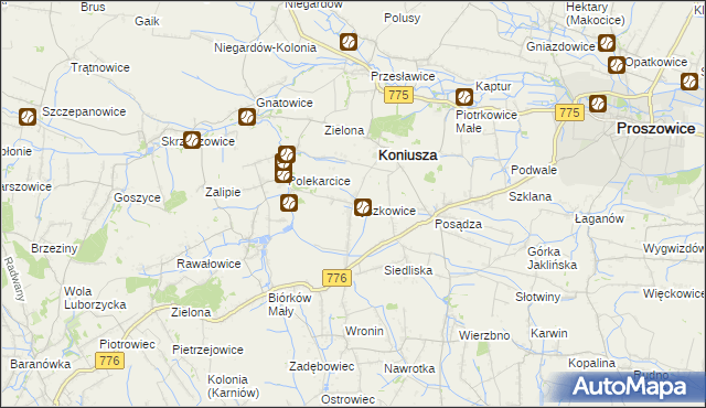 mapa Łyszkowice gmina Koniusza, Łyszkowice gmina Koniusza na mapie Targeo