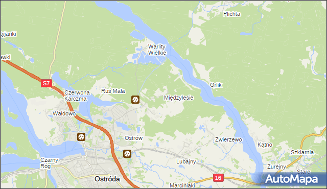 mapa Międzylesie gmina Ostróda, Międzylesie gmina Ostróda na mapie Targeo