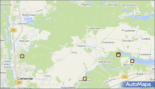 mapa Mielno gmina Czerwonak, Mielno gmina Czerwonak na mapie Targeo