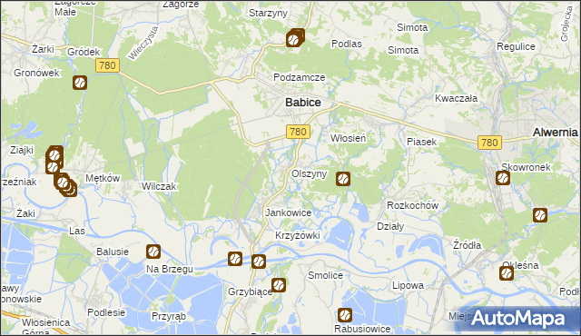 mapa Olszyny gmina Babice, Olszyny gmina Babice na mapie Targeo