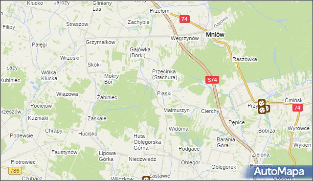 mapa Piaski gmina Mniów, Piaski gmina Mniów na mapie Targeo