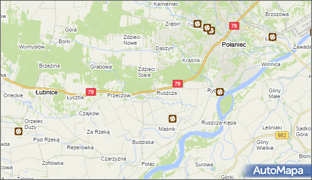 mapa Ruszcza gmina Połaniec, Ruszcza gmina Połaniec na mapie Targeo