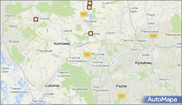 mapa Rzuchów gmina Kornowac, Rzuchów gmina Kornowac na mapie Targeo