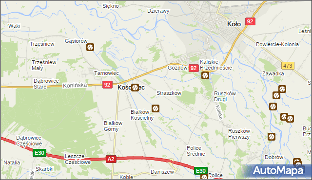 mapa Straszków gmina Kościelec, Straszków gmina Kościelec na mapie Targeo
