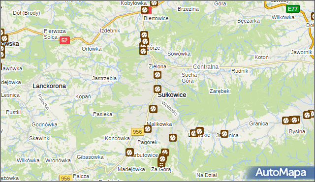 mapa Sułkowice powiat myślenicki, Sułkowice powiat myślenicki na mapie Targeo