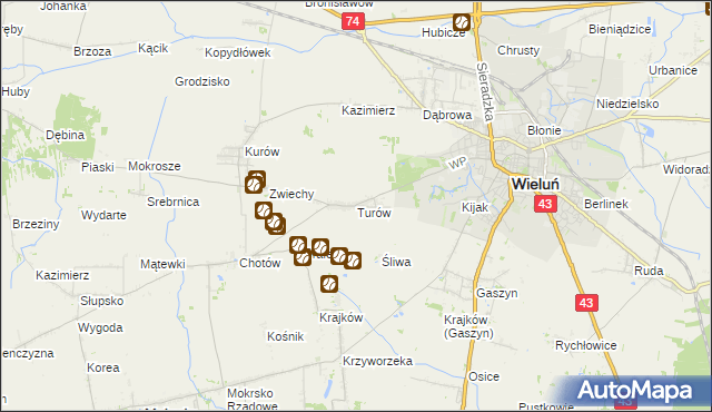 mapa Turów gmina Wieluń, Turów gmina Wieluń na mapie Targeo