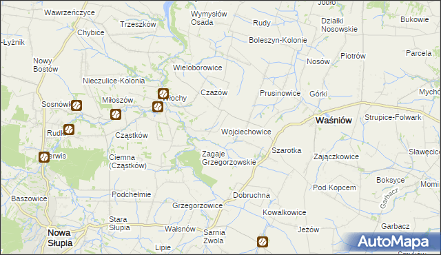 mapa Wojciechowice gmina Waśniów, Wojciechowice gmina Waśniów na mapie Targeo