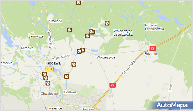 mapa Wojcieszyce gmina Kłodawa, Wojcieszyce gmina Kłodawa na mapie Targeo