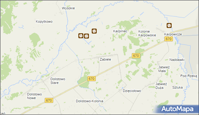 mapa Zabiele gmina Jaświły, Zabiele gmina Jaświły na mapie Targeo
